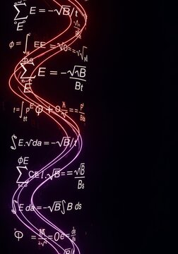 Vibrant red and purple neon lines form a dynamic flow of glowing mathematical equations across a dark grid background for a modern look, science, tech, red