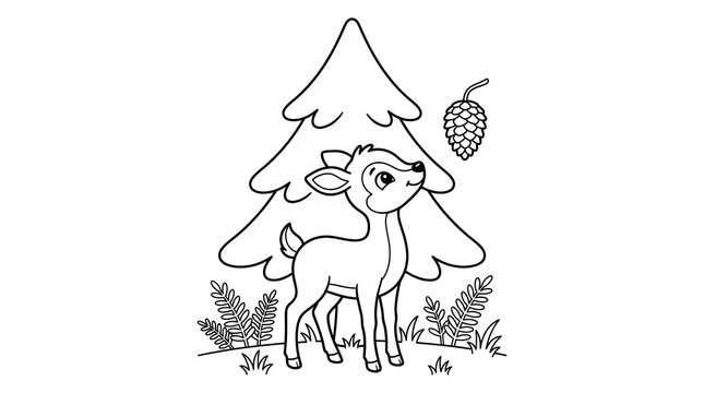 Cute deer standing near pine tree illustration