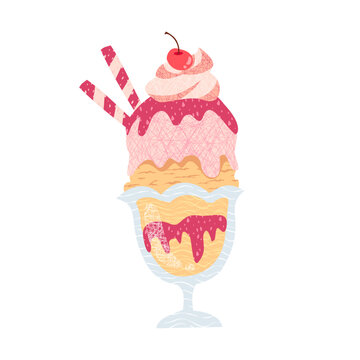 Cute strawberry sundae ice cream parfait glass with cherry illustration isolated on white background