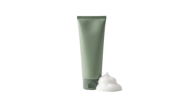 Sage green cosmetic tube with white foam swirl, organic skincare packaging mockup, matte plastic beauty product container on white background
