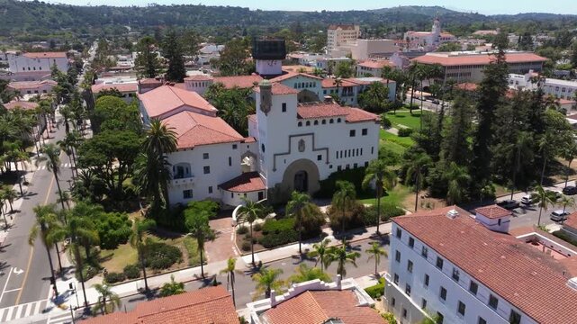 Aerial view of Santa Barbara courthouse surrounded by lush gardens and palm trees.