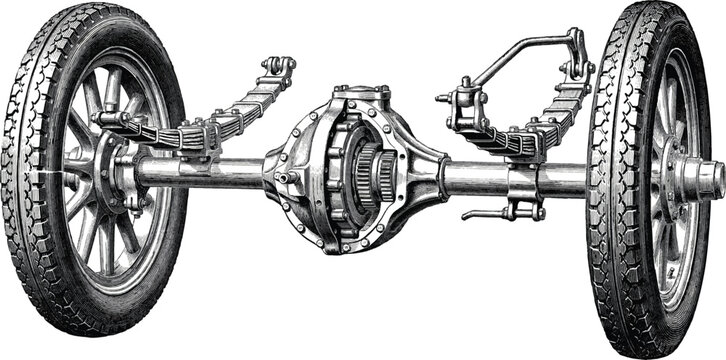 Vintage automotive vehicle chassis with leaf spring suspension and rubber wheels isolated on transparent background mechanical.