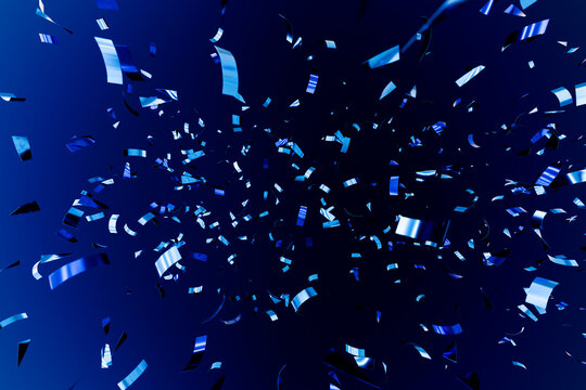 Abstract blue metallic confetti falling on a deep blue background. Elegant festive celebration backdrop for birthdays, New Year, corporate events, party invitations, greeting cards and holiday designs