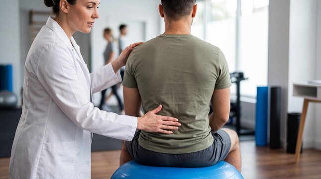 Female physiotherapist examining a male patient's back in a rehabilitation clinic