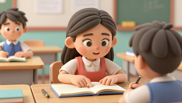 3D  Teacher Helping Young Student Study and Do Homework in Classroom