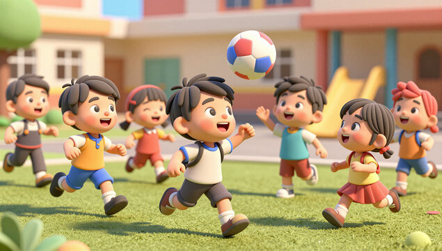 Happy 3D  Indian School Children Playing Football and Outdoor Games at School Playground