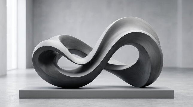 Abstract infinity symbol sculpture made of smooth concrete or stone material standing on pedestal, minimalist art object representing eternity and continuity, loop shape design