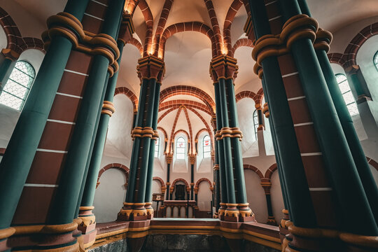 The interior of the two-storey decagonal chapel inside Vianden Castle in Vianden, Luxembourg.