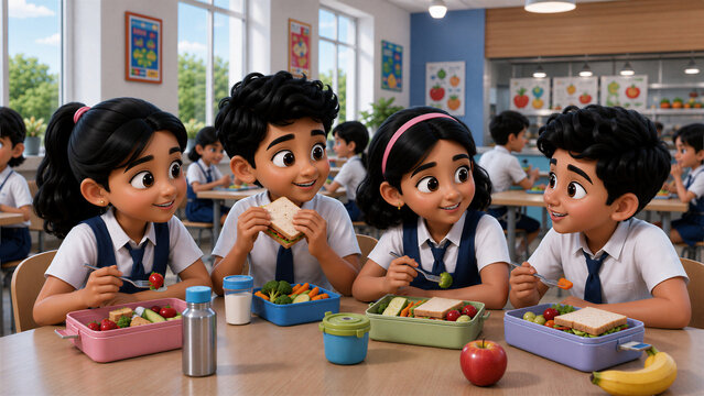 3D Indian School Children Eating Healthy Lunch Together in Classroom