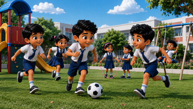 Happy 3D  Indian School Children Playing Football and Outdoor Games at School Playground