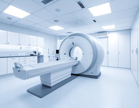 Modern MRI scanner machine inside a clean, brightly lit hospital laboratory or radiology department. Ideal for advanced medical diagnostics, healthcare technology, and clinical research concepts.
