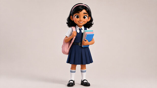 Happy Indian Schoolgirl with Backpack and Books in 3D Cartoon Style