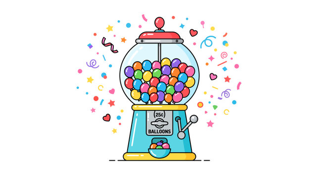 Colorful gumball machine vector illustration featuring vibrant candy spheres and festive celebration confetti patterns in a playful flat design style perfect for bright creative projects and joyful