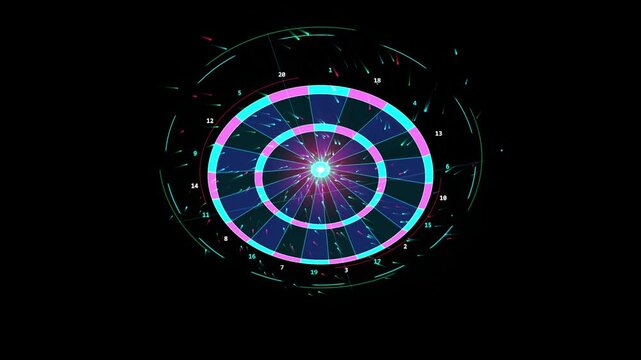Neon digital dartboard target animation with glowing particles and hud interface
