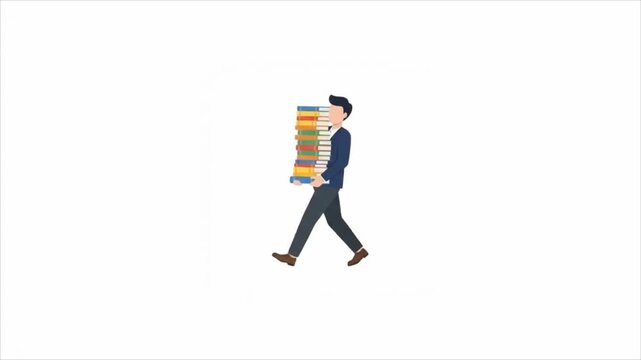 Professional businessman carrying a large stack of books while walking.