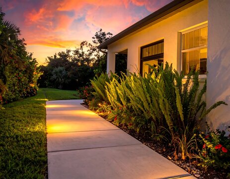 Illuminated garden path and walkway leading to a modern Florida home during a vibrant sunset. Ideal for real estate marketing and exterior design concepts.