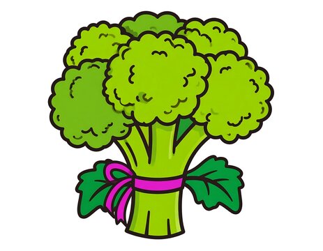 Fresh green broccoli tied with a pink ribbon in a cute cartoon style. Perfect for healthy eating concepts and children's nutrition design projects.