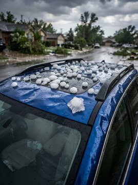 Severe Hail Storm Damage Inflicts Dents on Automobile Car Surface Outdoors After Natural Disaster