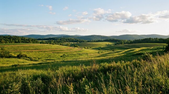 Breathtaking panoramic view of lush green rolling hills farmland and distant mountains under a bright sunny sky with fluffy white clouds in summer