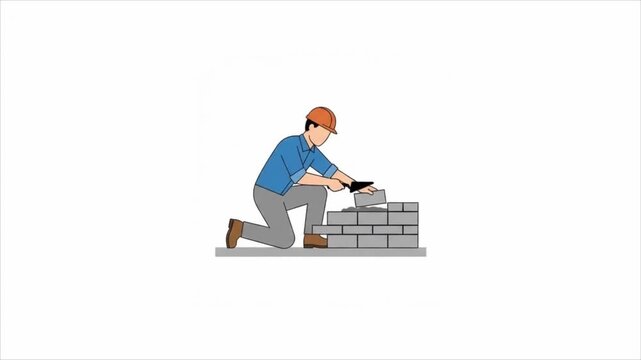 Professional bricklayer working on a construction site with tools.
