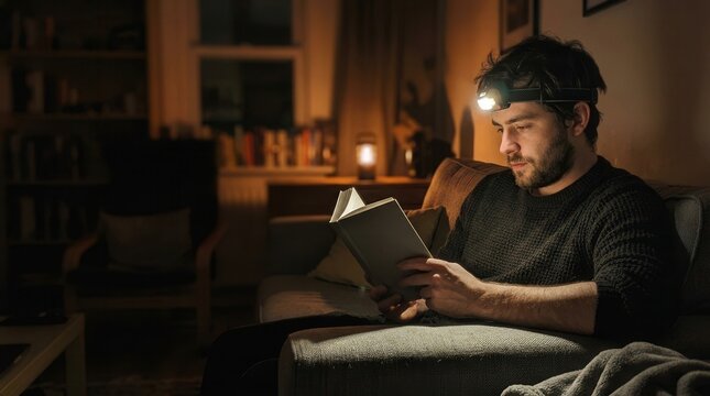 A contemplative man finds solace in literature illuminated by a focused headlamp during a quiet cozy evening of deep reading in his dim home study
