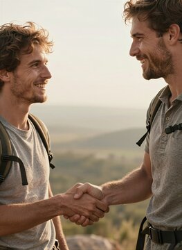 Captures Two Adult Males Engaging In Handshake Against Backdrop Of Outdoor Setting To Late Afternoon Early Evening Judging By Warm
