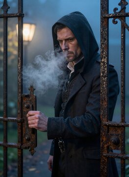 Man As Main Subject Standing In Front Of Old Fashioned Gate With Rusted Metal Bars Dressed Dark Heavy Clothing Suitable For Cold