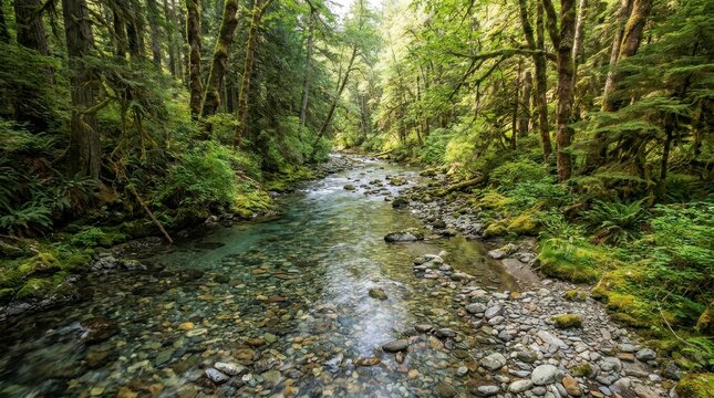 Breathtaking peaceful crystal clear mountain river flowing through lush green temperate rainforest wilderness with tall ancient trees and mossy rocks