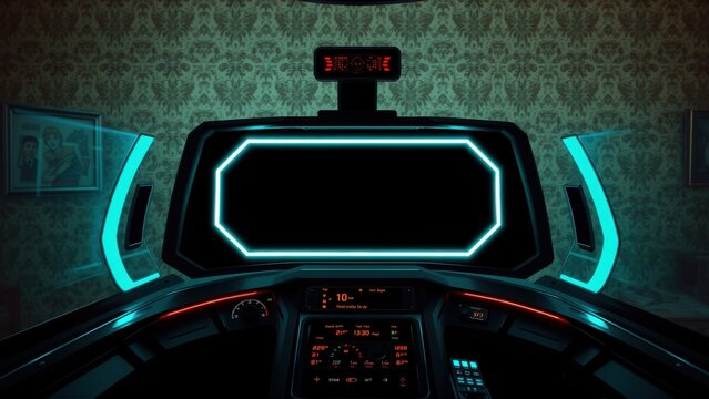 Futuristic cockpit interior. Dark room, ornate wallpaper, glowing blue lights, digital displays visible. Complex control panel dominates view.