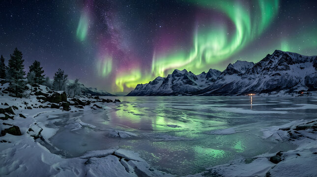 Aurora borealis above frozen lake and snowy mountains at night
