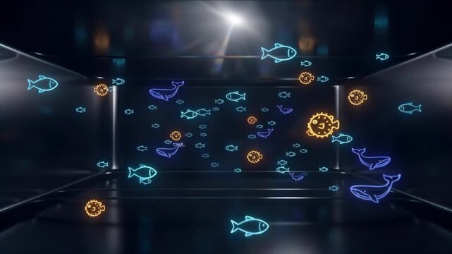 暗い空間に魚やサメとクジラの海洋生物アイコンが浮遊する抽象ネオン背景