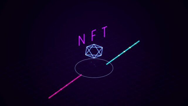 Neon nft digital asset animation: isometric crypto and blockchain technology concept cryptocurrency digital non-fungible token