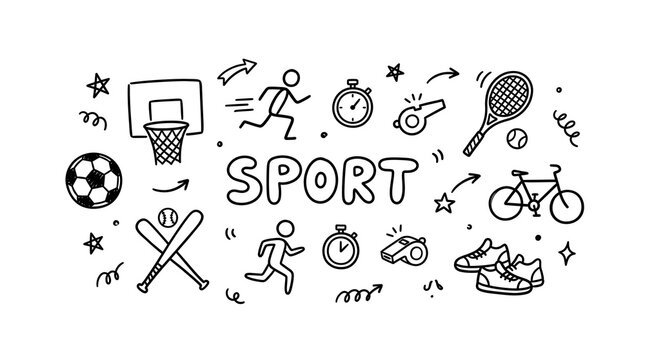 Hand drawn sport doodles set with athletic equipment and active people icons