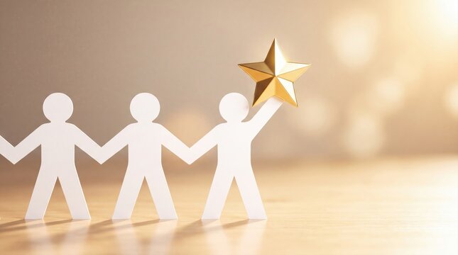 Paper cutout of people holding a star for teamwork and achievement
