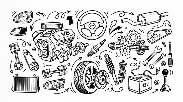 Hand drawn car parts doodle set with engine, tire, and mechanical tools for auto repair.