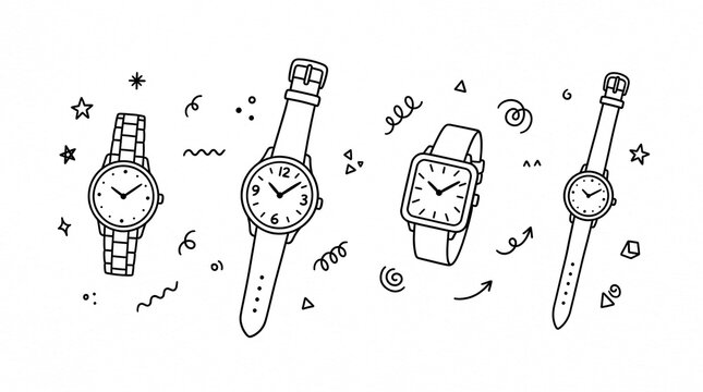 Hand drawn wrist watch doodles set, collection of sketch style timepieces on white background