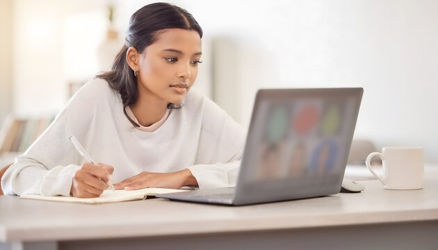 Mujer joven tomando notas mientras participa en una videollamada con ordenador port&aacute;til desde una mesa