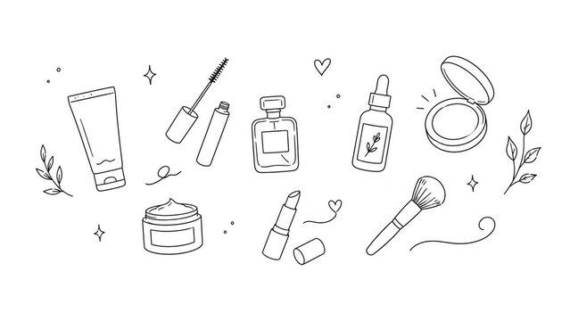 Hand drawn beauty and makeup doodle set with cosmetic products and skincare accessories