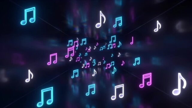 暗い空間に青とピンクの音符アイコンが浮遊する音楽の抽象ネオン背景
