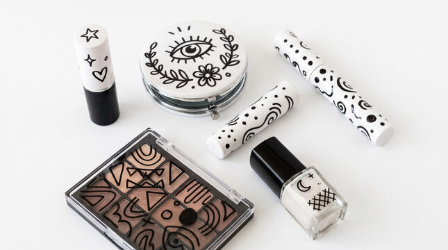 Cosmetic makeup products with hand drawn doodle patterns on white background