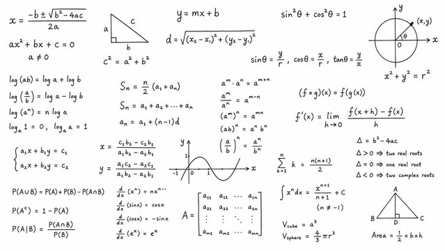 Handwritten mathematical formulas and geometry diagrams on a white background.