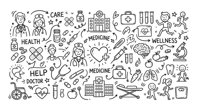 Hand drawn medical doodle set with healthcare icons and hospital equipment elements