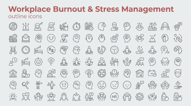 Workplace burnout and stress management line icon set, emotional exhaustion, mental health, anxiety and heavy workload symbols vector illustration