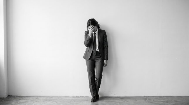Stressed businessman in suit covering face with hand leaning against white wall, feeling overwhelmed by work pressure, corporate burnout, emotional exhaustion, failure