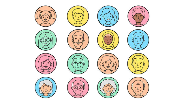 Diverse collection of outline avatars representing various ages, genders, and ethnicities for user profiles, social media, and online communities across the globe