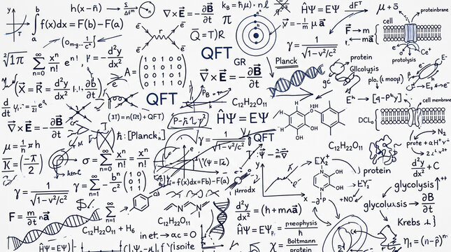 Handwritten physics and biology formulas on white background for science education concept.