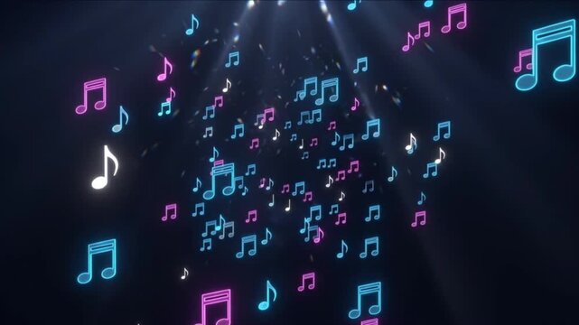 暗い空間に青とピンクの音符アイコンが浮遊する音楽の抽象ネオン背景