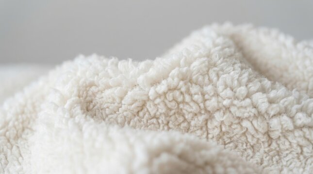 Close up view of soft fluffy white sherpa fleece fabric texture background highlighting plush cozy textile fibers in warm neutral winter tones