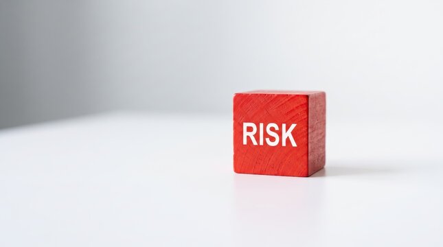 Red wooden cube block with white risk text on isolated white, symbolizing business danger, financial warning, hazard, corporate strategy challenge, uncertainty, and safety