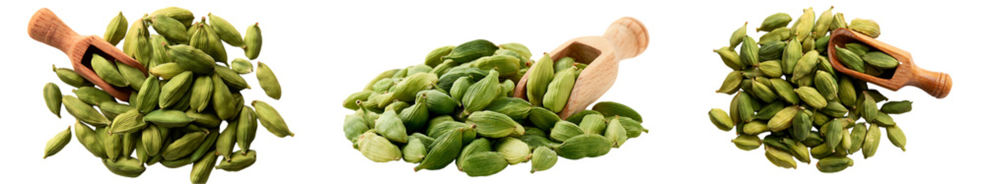 Fresh whole green cardamom pods with small wooden scoop isolated on transparent background